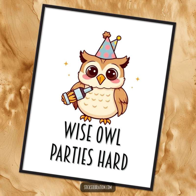 Funny Free Printable wall art of a smiling owl adorned in a party hat, excitedly blowing a noisemaker, symbolizing festive celebration.
