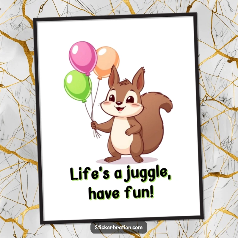 Funny Free Printable Wall Art: Mischievous squirrel juggling colorful balloons, energetic and fun, unique downloadable art.