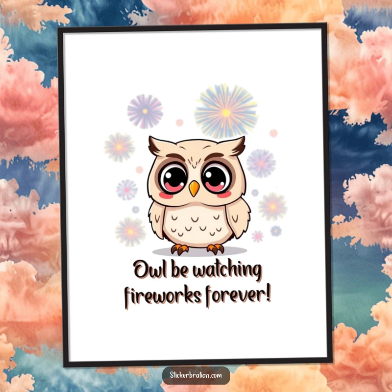 Funny Free Printable Wall Art: Wide-eyed owl watching a firework explode, full of wonder, captivating downloadable art.