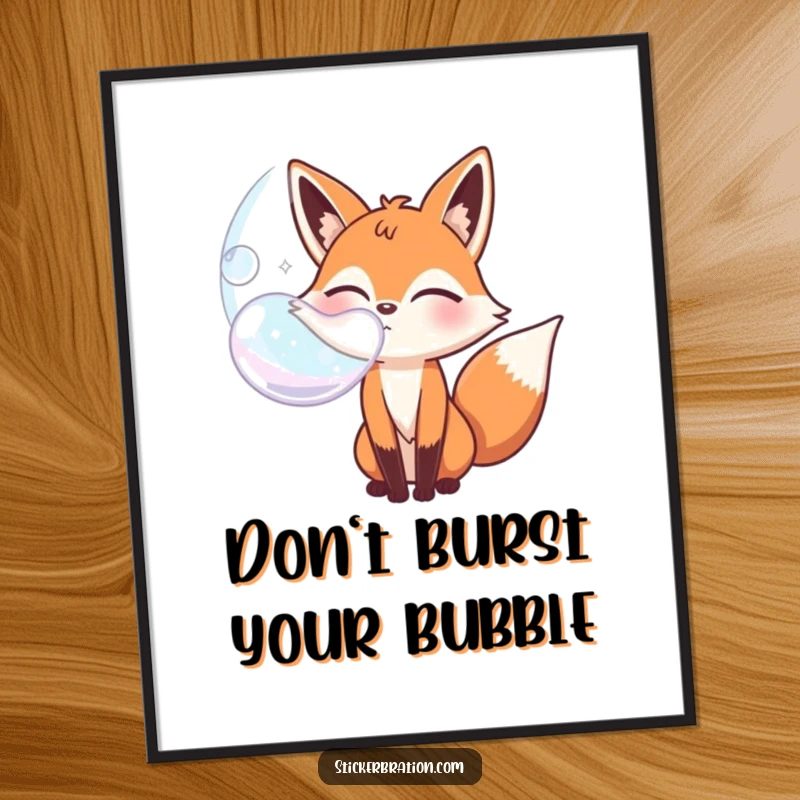 Funny free printable wall art: a bubbly fox character winking charmingly while blowing a giant, iridescent bubble.