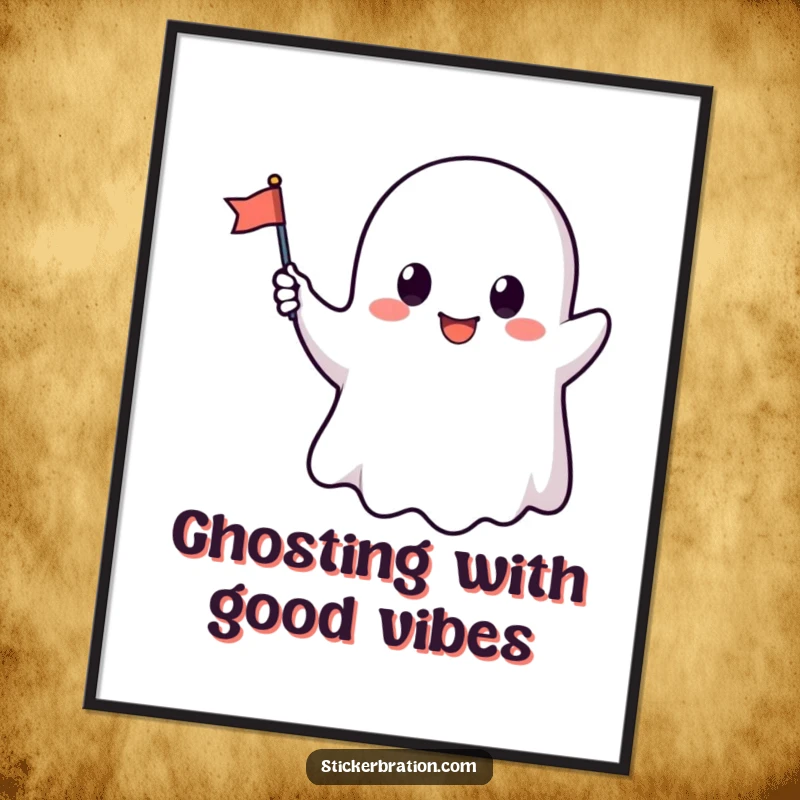 Funny Free Printable Wall Art: A cute, smiling ghost character waving a small flag, adding a touch of playful, spectral charm.