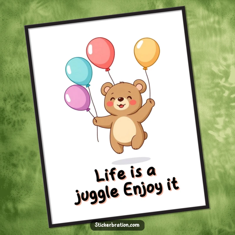 Funny Free Printable Wall Art: A small bear playfully juggles colorful balloons, creating a lively and joyful visual.