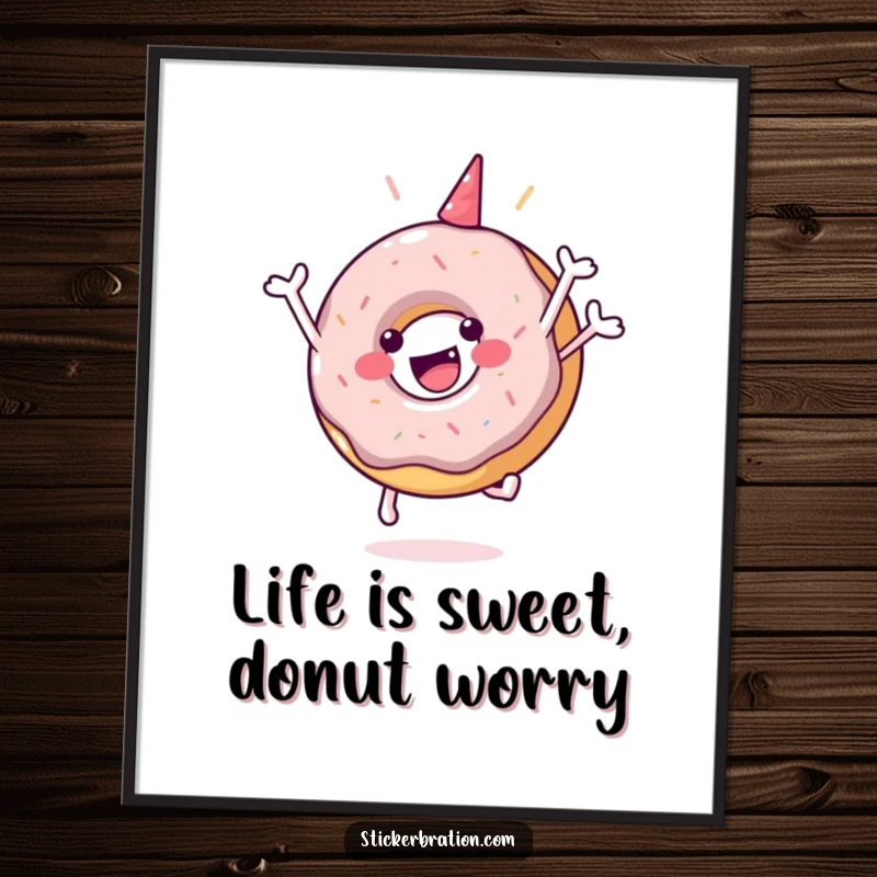 Funny Free Printable Wall Art: A happy, sprinkle-covered donut character mid-air, captured in a joyful celebratory jump.