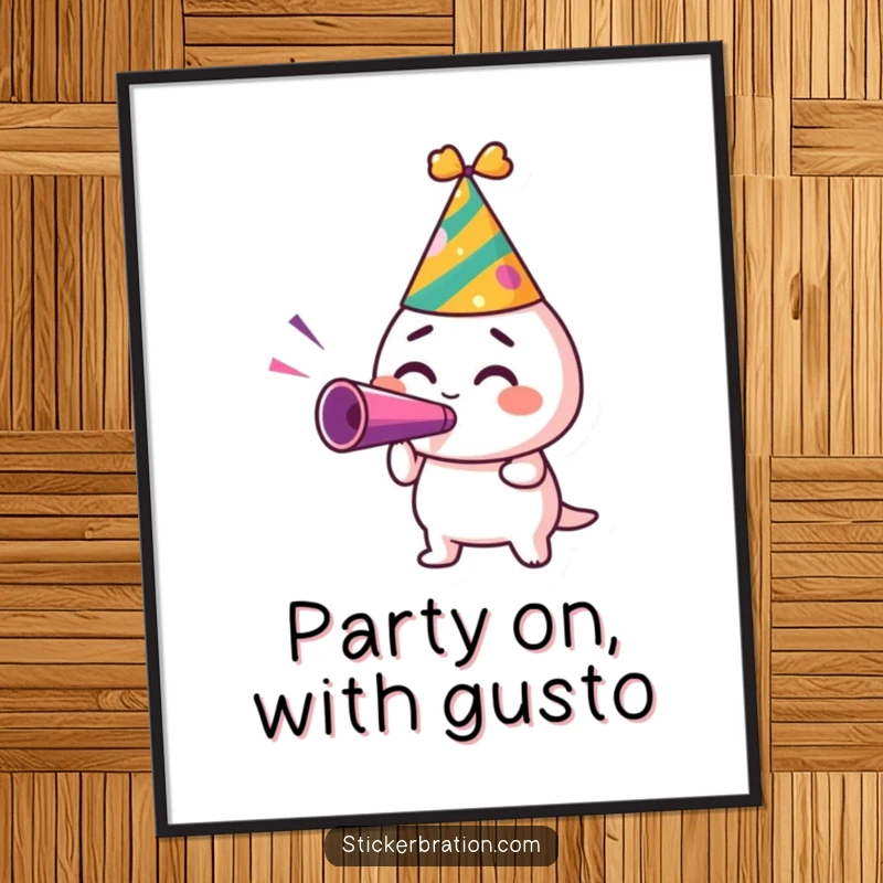 Funny Free Printable Party Hat Sticker Character Blowing Noisemaker - Excited sticker character celebrating with gusto.