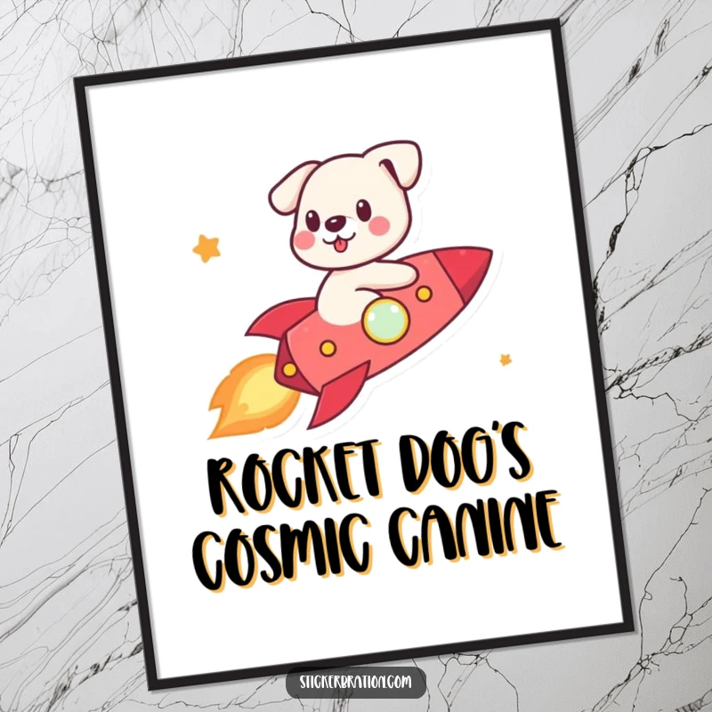 Funny Free Printable Wall Art: A cute dog character riding a small rocket, soaring through the sky with determination.