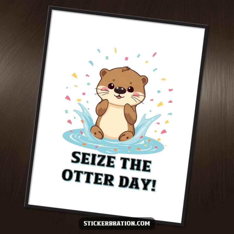Funny free printable wall art of a playful otter character joyfully splashing in a pool of colorful confetti, radiating happiness.