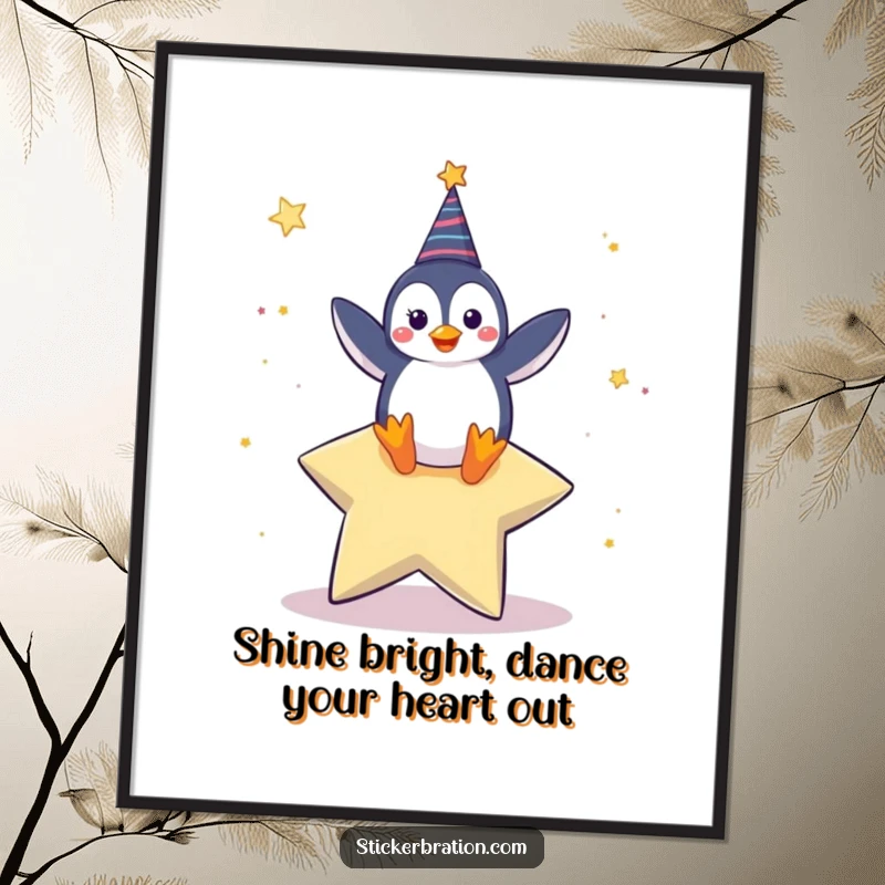 Funny Free Printable Wall Art: Happy penguin character dancing exuberantly on a large star, a whimsical and downloadable art piece.