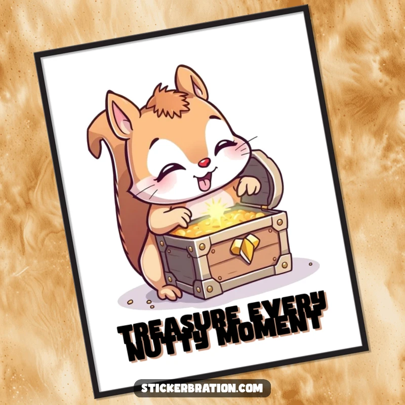 Funny Free Printable Wall Art: A curious squirrel examining a sparkling treasure chest with wide eyes, downloadable decor.