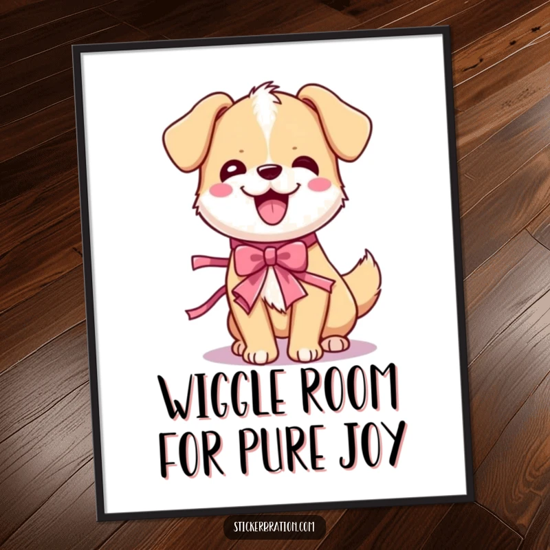 Funny Free Printable Wall Art: An adorable dog character in a happy wiggle with a party ribbon, adding cheerful art.