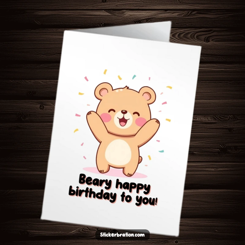 Funny free printable birthday card: a cute bear character joyfully tossing a celebratory shower of confetti in the air.