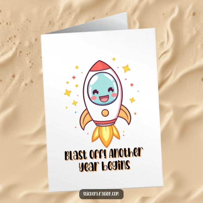 Funny Free Printable Birthday Card: A smiling rocket character blasting off amidst a shower of colorful confetti and twinkling stars.