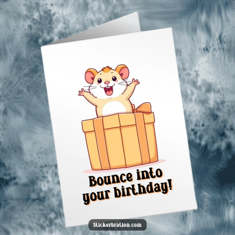 Funny Free Printable Birthday Card: Excited hamster gleefully bouncing high on a huge, colorful present box, pure delight.