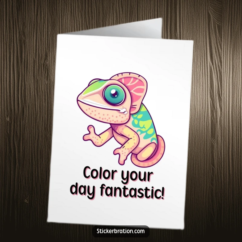 Funny Free Printable Birthday Card: A cute chameleon joyfully changing its vibrant colors, ready to celebrate.