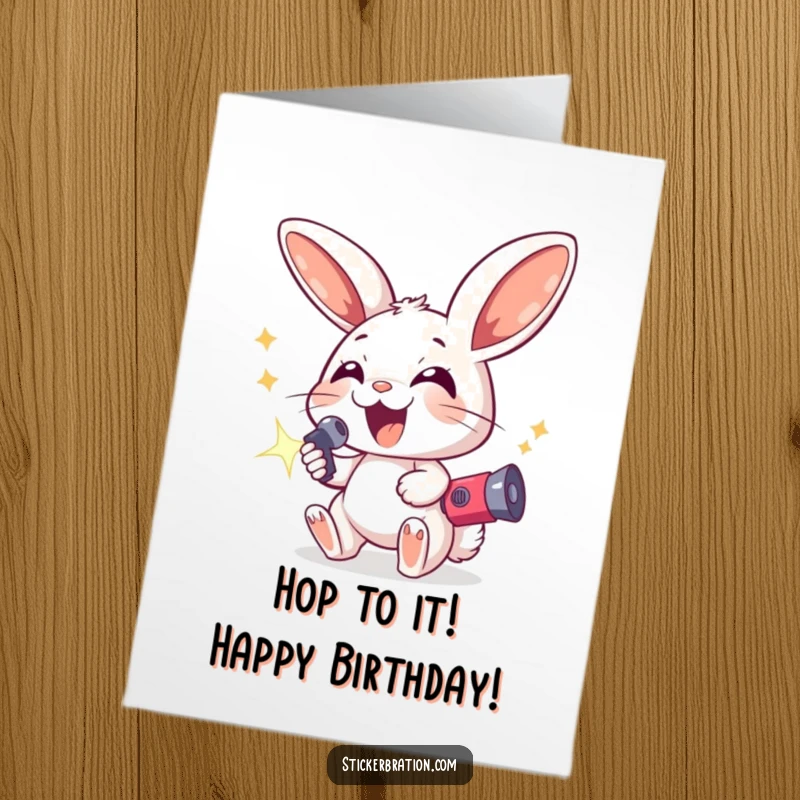 Funny Free Printable Birthday Card: Excited bunny with oversized ears holds a sparkling noisemaker, ready to party.