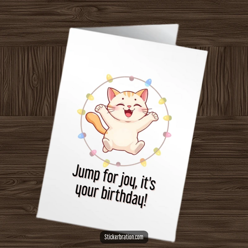 Funny Free Printable Birthday Card showing a smiling cat leaping gracefully through a hoop adorned with bright, twinkling lights.