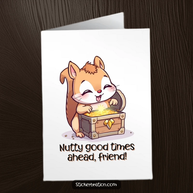 Funny Free Printable Birthday Card: Squirrel excitedly finds a treasure chest full of sparkling goodies, a perfect DIY gift.
