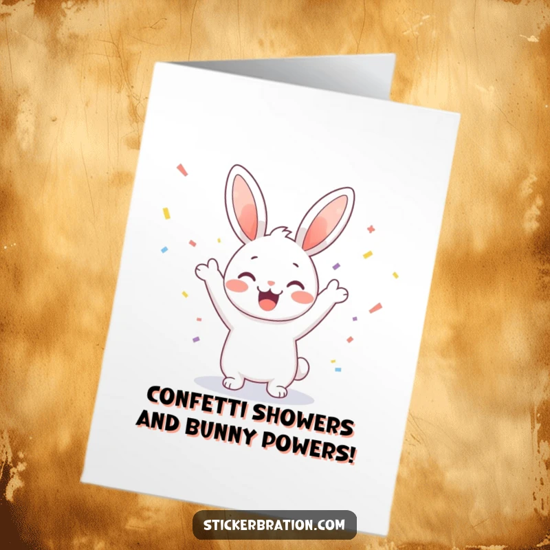 Funny Free Printable Birthday Card: Cute bunny cheering joyfully with colorful confetti raining down, a delightful DIY gift.