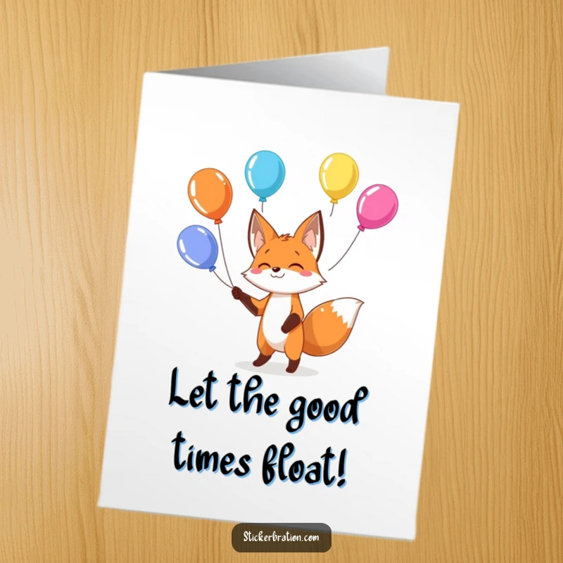Funny Free Printable Birthday Card: Playful fox expertly juggling colorful balloons, a downloadable design for a festive celebration.