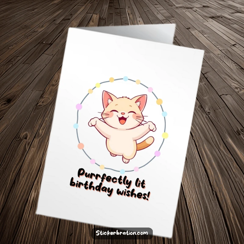 Funny Free Printable Birthday Card: Smiling cat mid-air leaping through a glowing hoop of lights, joyful and energetic.