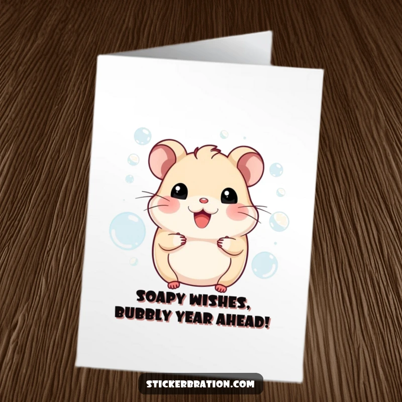 Funny Free Printable Birthday Card: Smiling hamster character joyfully surrounded by effervescent bubbles, ready to greet.