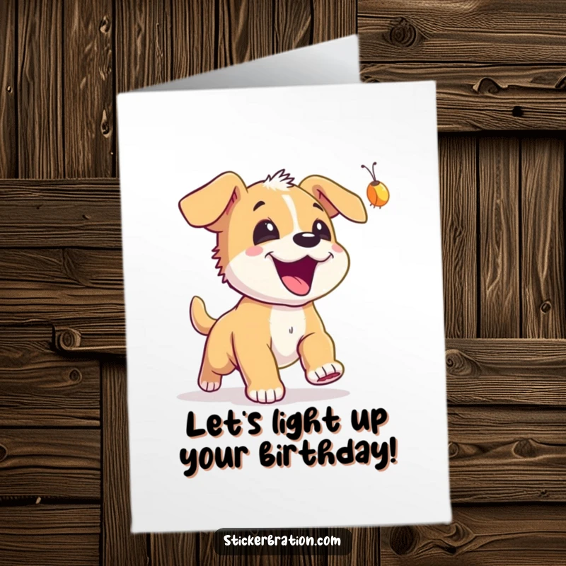 Funny Free Printable Birthday Card: An excited puppy joyfully chasing a glowing firefly, a delightful DIY gift.
