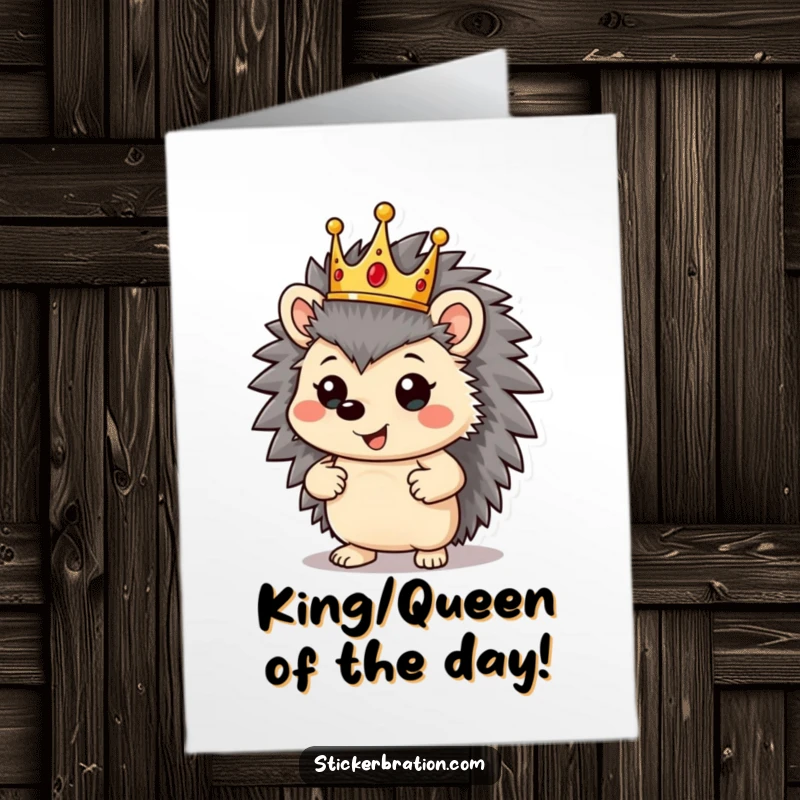 Funny Free Printable birthday card featuring a jolly hedgehog wearing a golden crown and striking a proud, majestic pose for the occasion.
