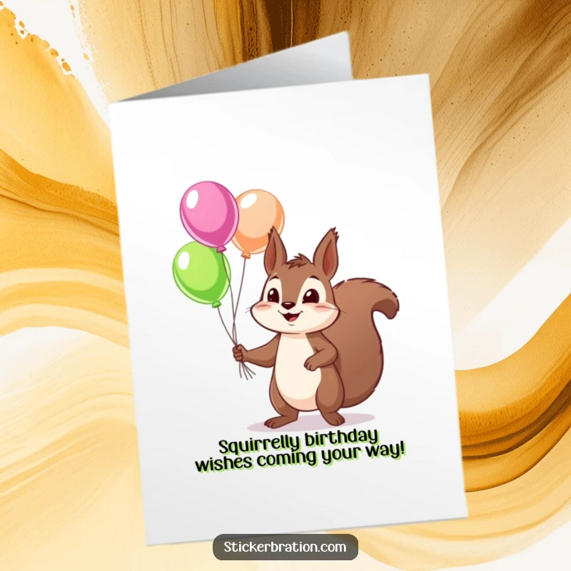 Funny Free Printable Birthday Card: Squirrel juggling colorful balloons, playful and exciting, perfect for a downloadable gift.