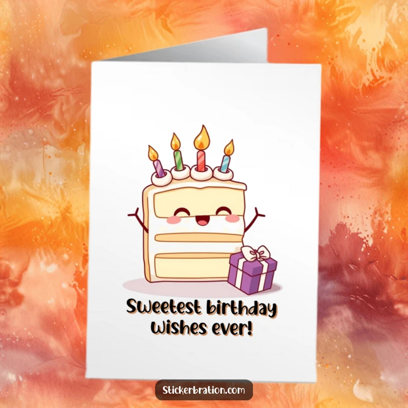 Funny Free Printable Birthday Card: A beaming cake slice with candles joyfully opens a gift, celebrating with sweet excitement.