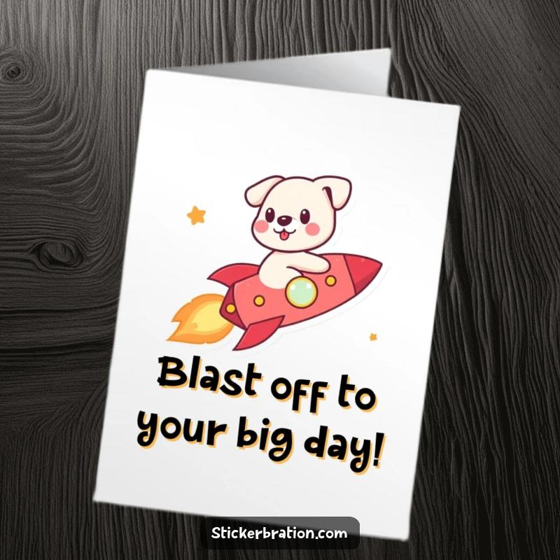 Funny Free Printable Birthday Card: A cute dog happily riding a small rocket, blasting off into the birthday sky.
