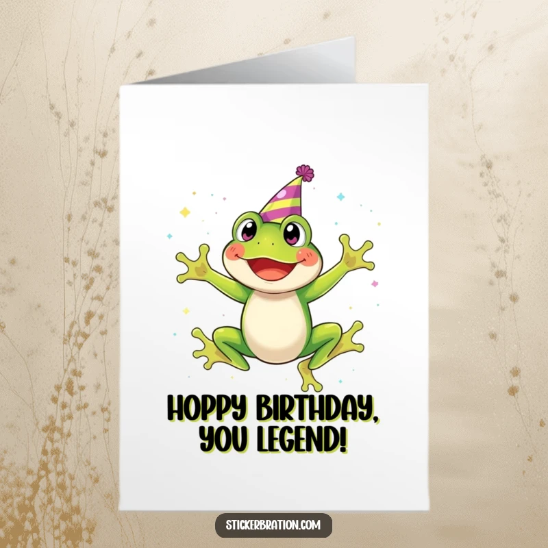 Funny Free Printable Birthday Card: A smiling frog in a party hat joyfully leaps through a dazzling cascade of glitter.