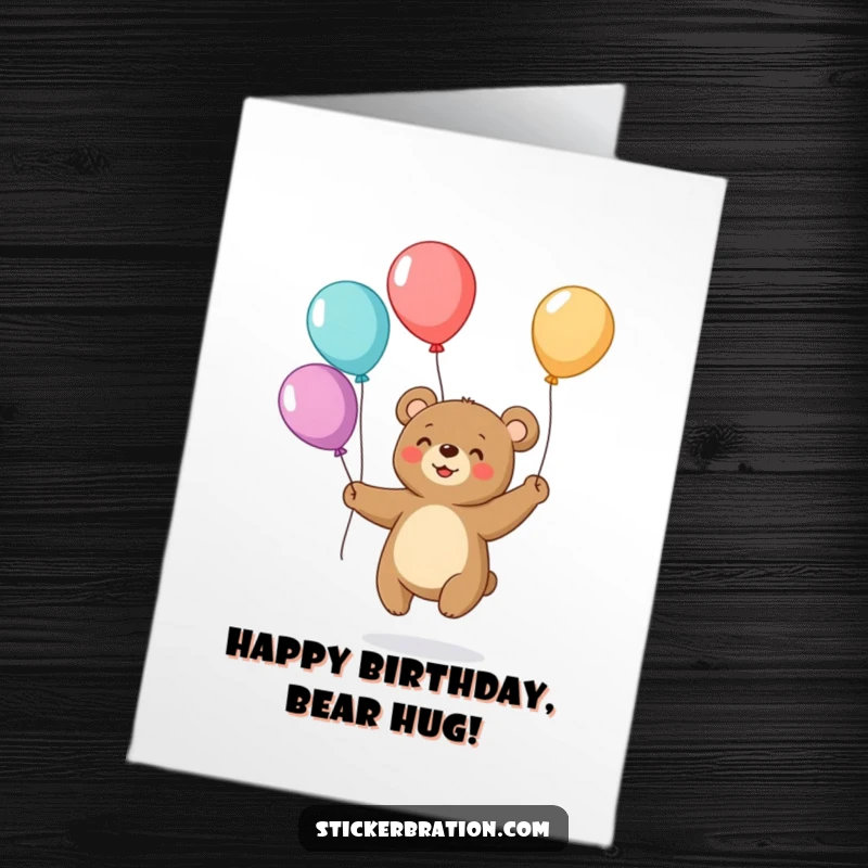 Funny Free Printable Birthday Card: A small, smiling bear skillfully juggles multiple colorful balloons, radiating pure happiness.