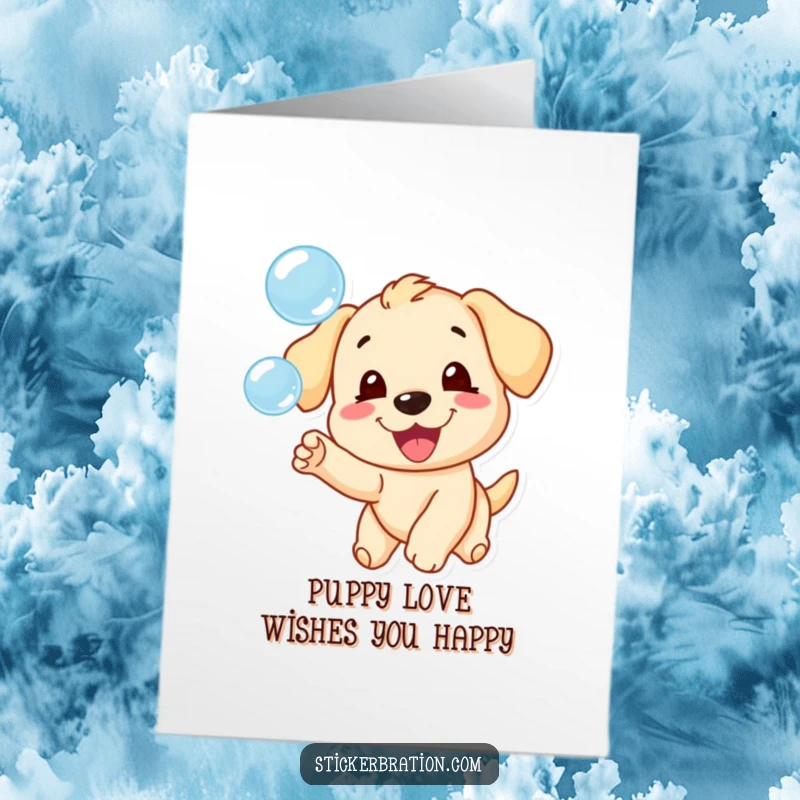 Funny Free Printable Birthday Card: A delighted puppy joyfully chases shimmering bubbles, spreading pure birthday cheer.