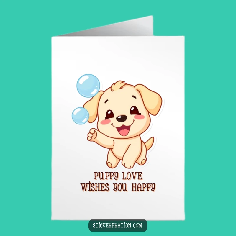 Free Printable Puppy Birthday Card: Funny Playful Dog Chasing Bubbles Printable Greeting Card Download