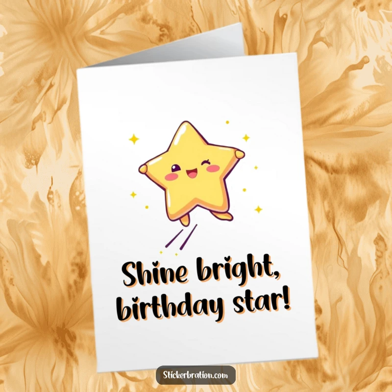 Funny Free Printable Star Sticker Character Leaping with Joy Card - Glittery star celebrates a birthday.