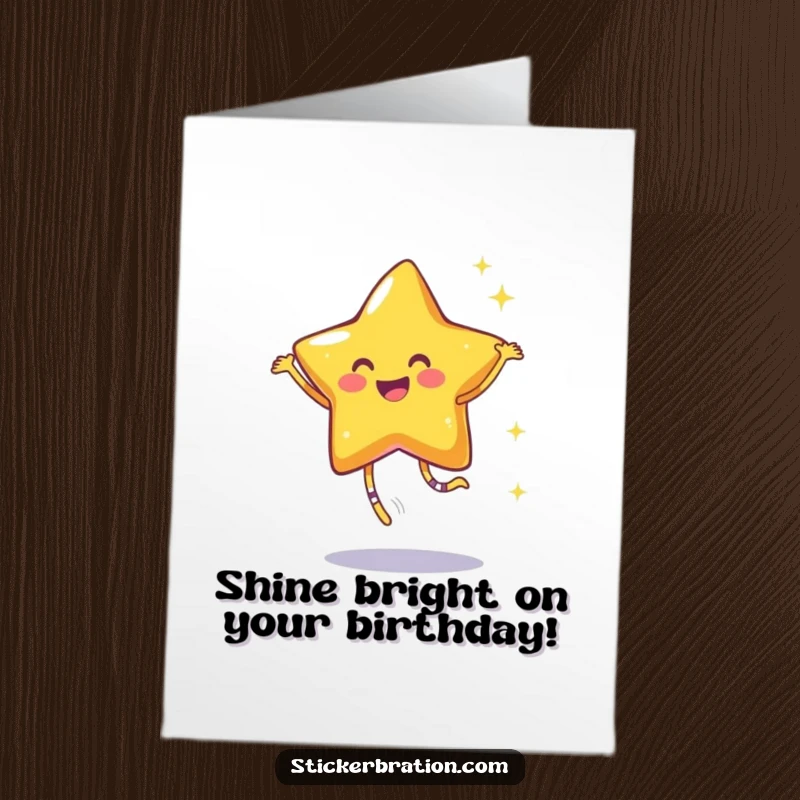 Funny free printable birthday card: A smiling star character joyfully dances, leaving a trail of sparkles.