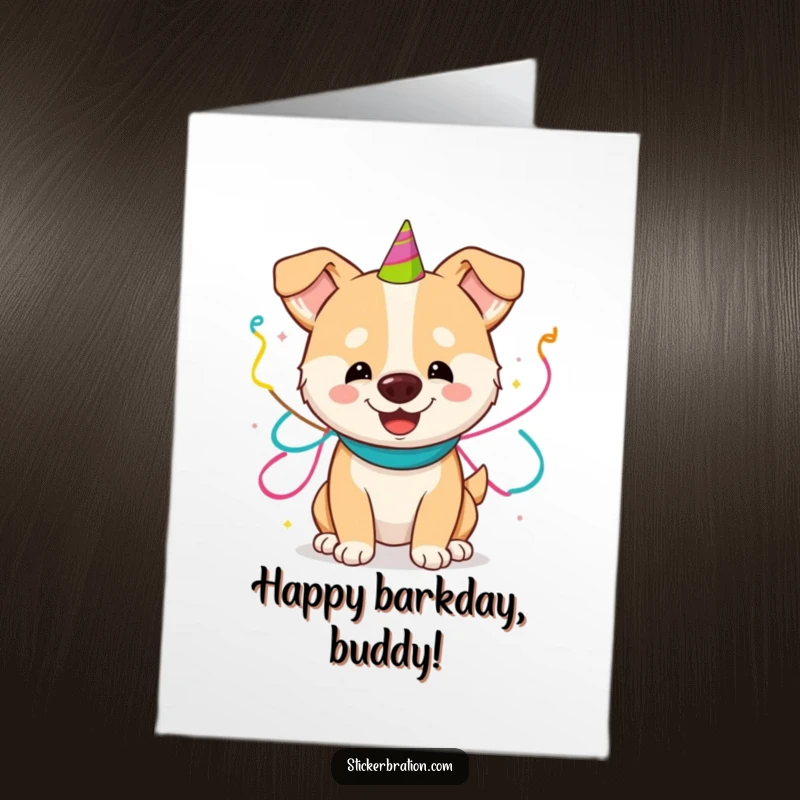 Funny Free Printable Birthday Card: A happy dog joyfully entangled in colorful party streamers, ready to celebrate a birthday.