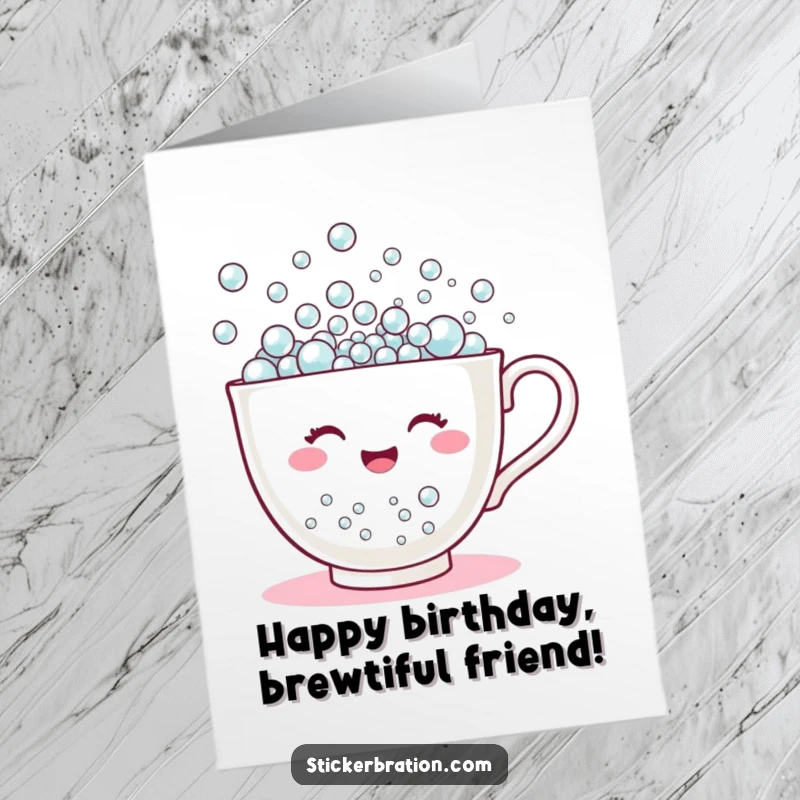 Funny Free Printable Birthday Card: A happy teacup character overflows with tiny, shimmering bubbles, celebrating joyously.