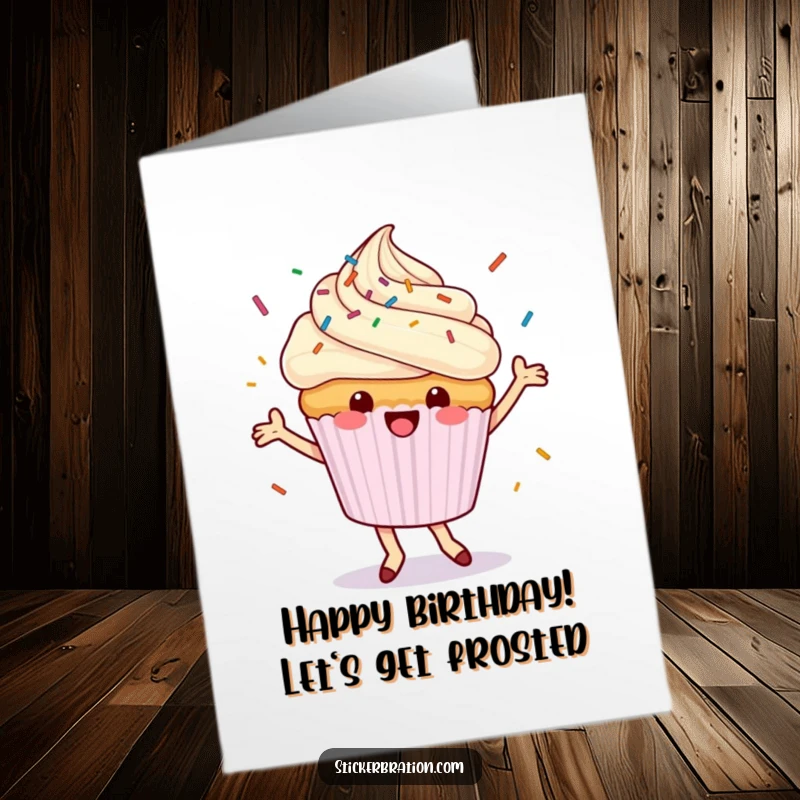 Funny Free Printable Birthday Card: A cheerful cupcake character dances joyfully as a rain of colorful sprinkles falls around it.