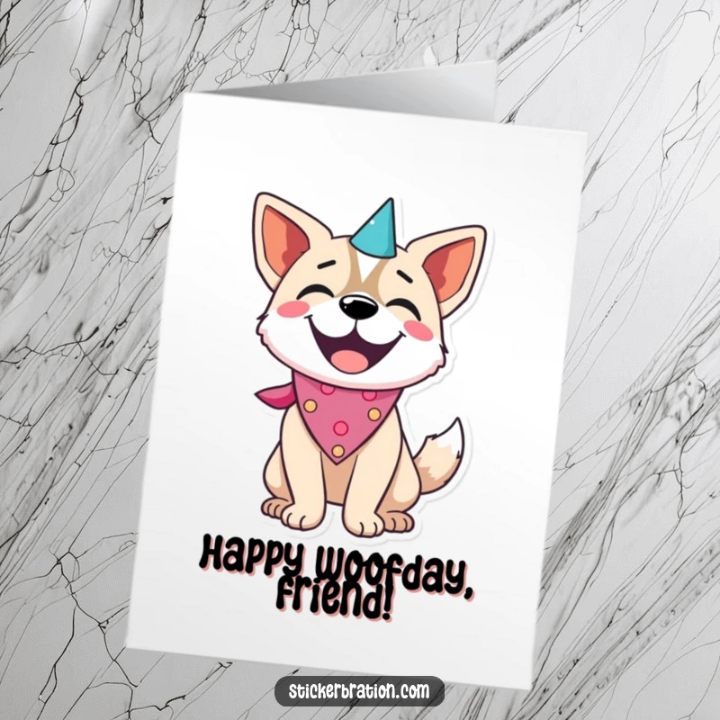 Funny Free Printable birthday card of a joyful dog wearing a festive party bandana and enthusiastically wagging its tail in celebration.