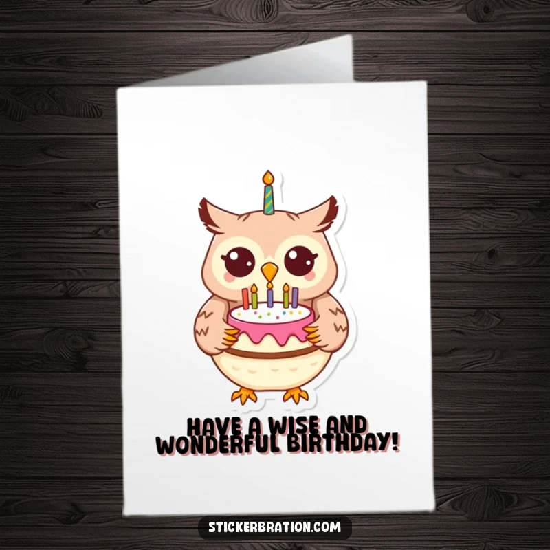 Funny Free Printable Birthday Card: A cheerful owl holding a delicious birthday cake, ready for a festive occasion.