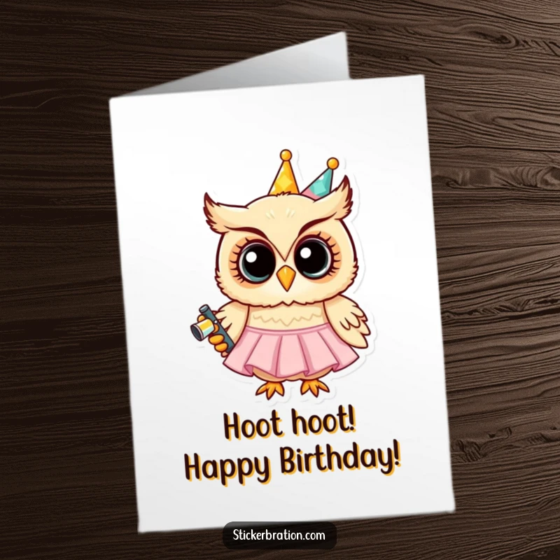 Funny Free Printable Birthday Card: Grinning owl wearing a tiny party dress holds a noisemaker, ready to celebrate.