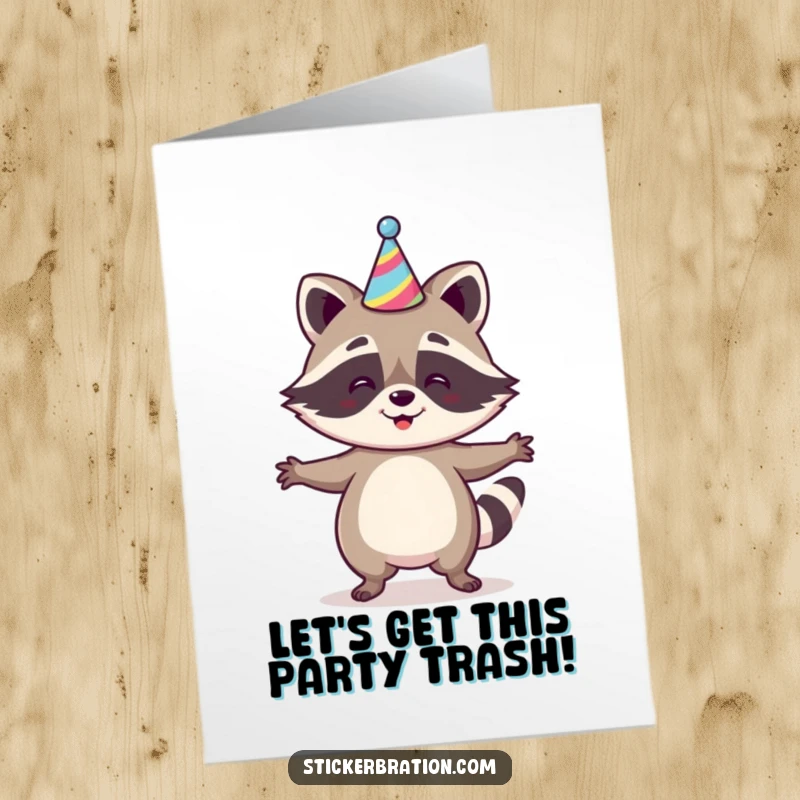 Funny free printable birthday card of a happy raccoon character wearing a party hat and doing a joyful little jig.