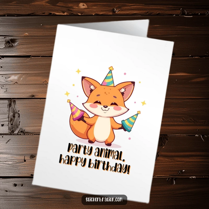 Funny Free Printable Birthday Card: Playful fox character grinning while juggling shiny party hats, a fantastic DIY surprise.