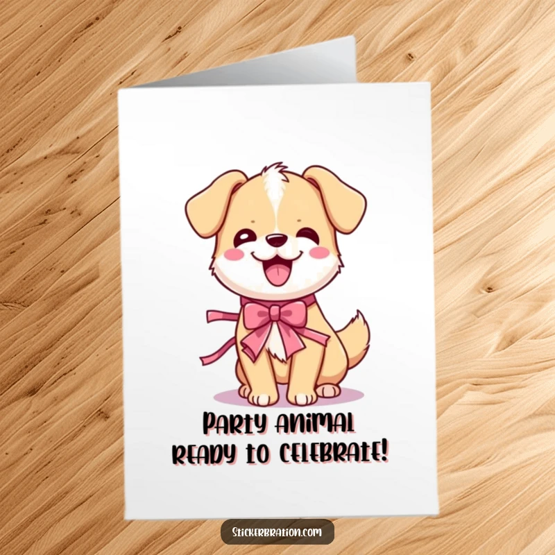 Funny Free Printable Birthday Card featuring an adorable dog doing a joyful wiggle, wearing a party ribbon, ready to celebrate.