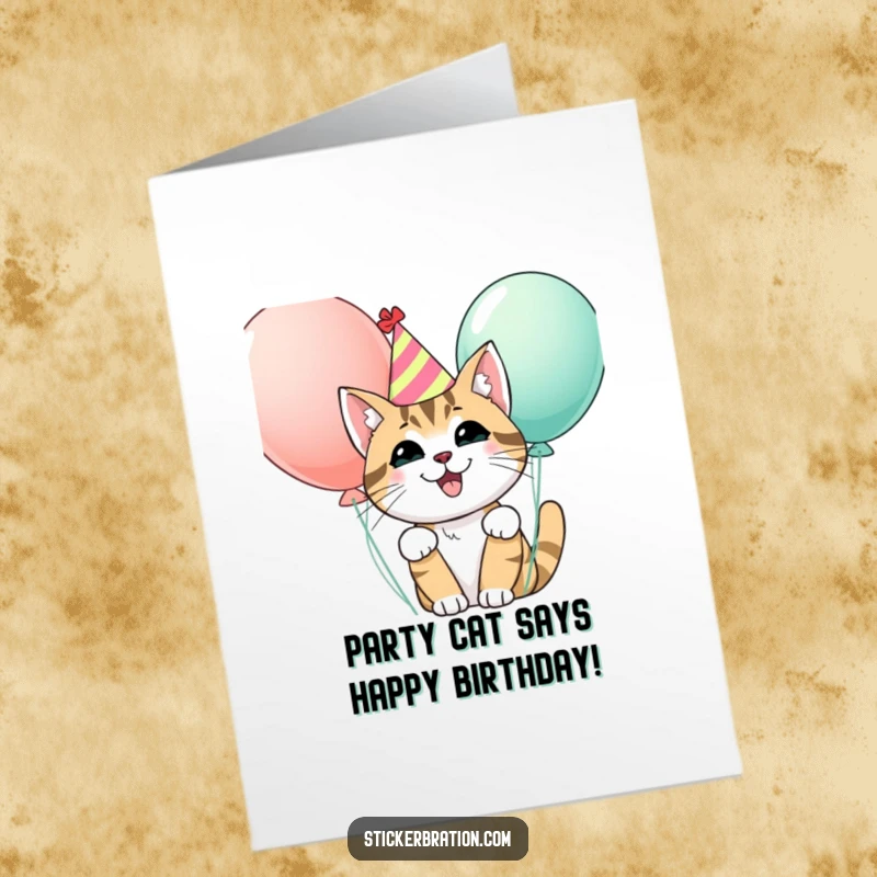Funny Free Printable Birthday Card: Happy cat wearing a party hat, playfully peeking from behind colorful balloons.