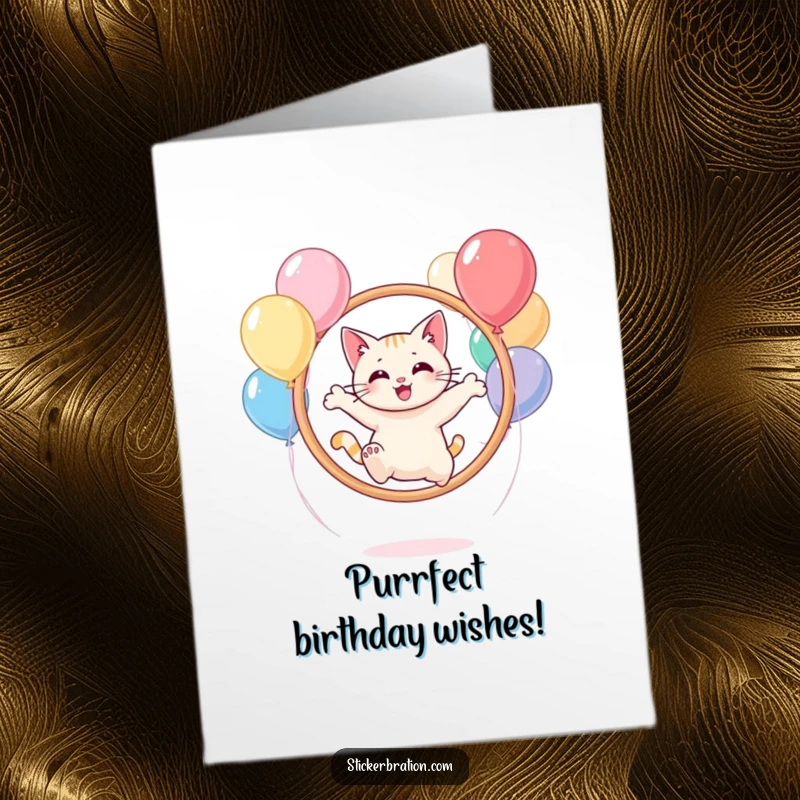 Funny Free Printable birthday card of a delighted cat energetically leaping through a hoop constructed entirely of colorful balloons.
