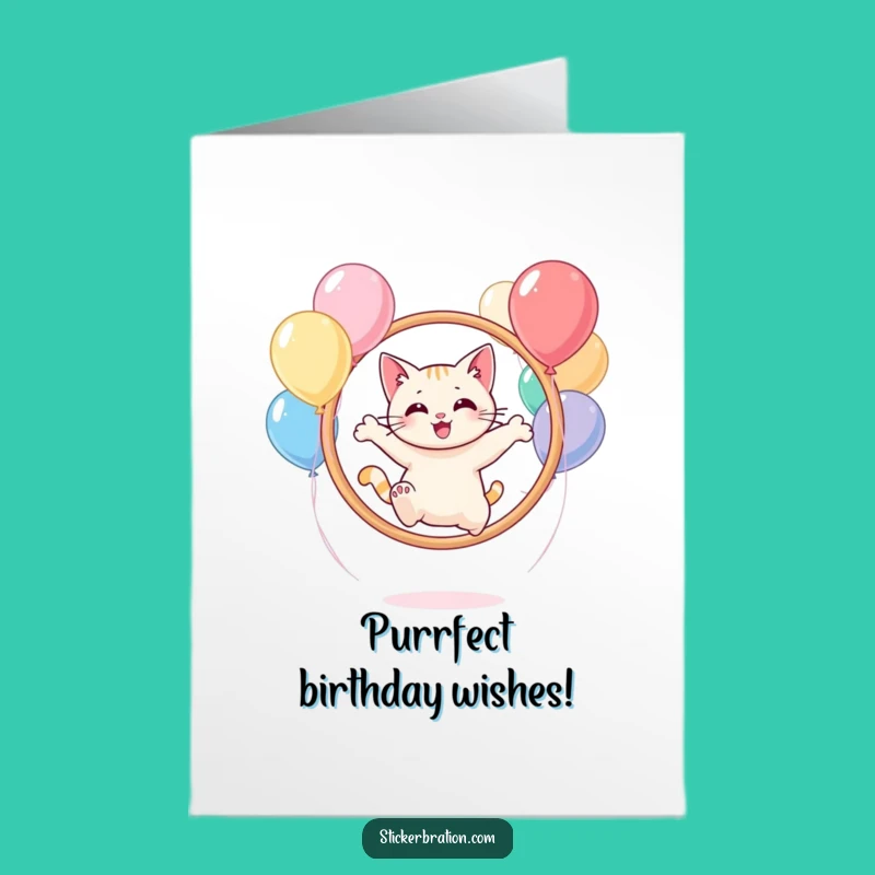 Free Printable Birthday Card: Balloon Hoop Cat Acrobat Downloadable Gift