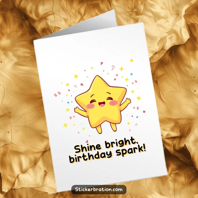 Funny Free Printable Birthday Card: A jubilant star character juggles colorful confetti amidst a dazzling shower of sparks, celebrating brightly.
