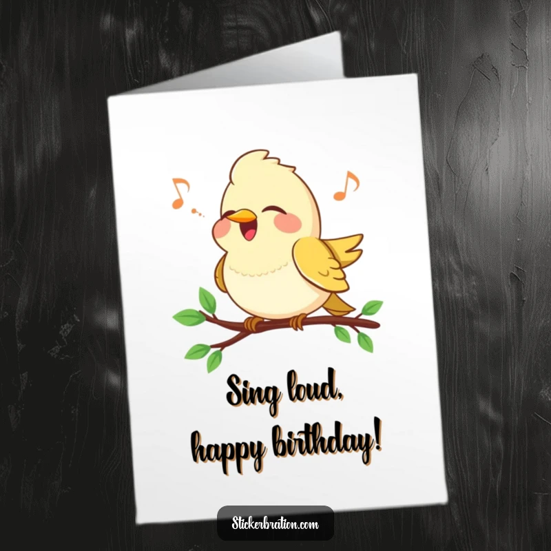 Funny Free Printable Birthday Card: A happy bird perched on a branch, singing a cheerful melody, a sweet DIY gift.