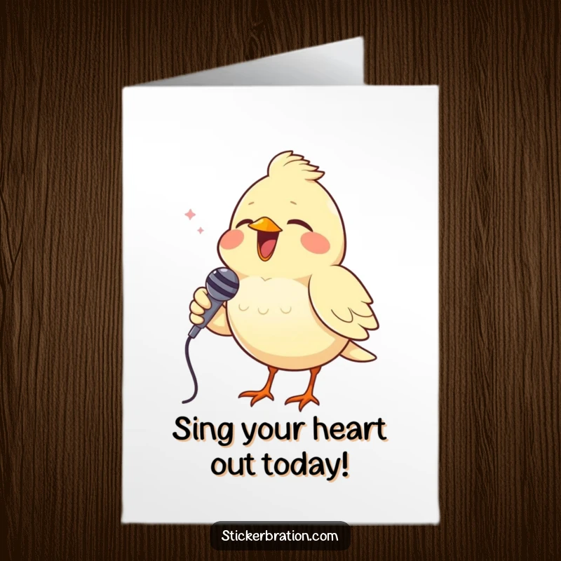Funny Free Printable Birthday Card featuring a cheerful bird belting out a tune into a tiny microphone, ready to serenade the birthday star.